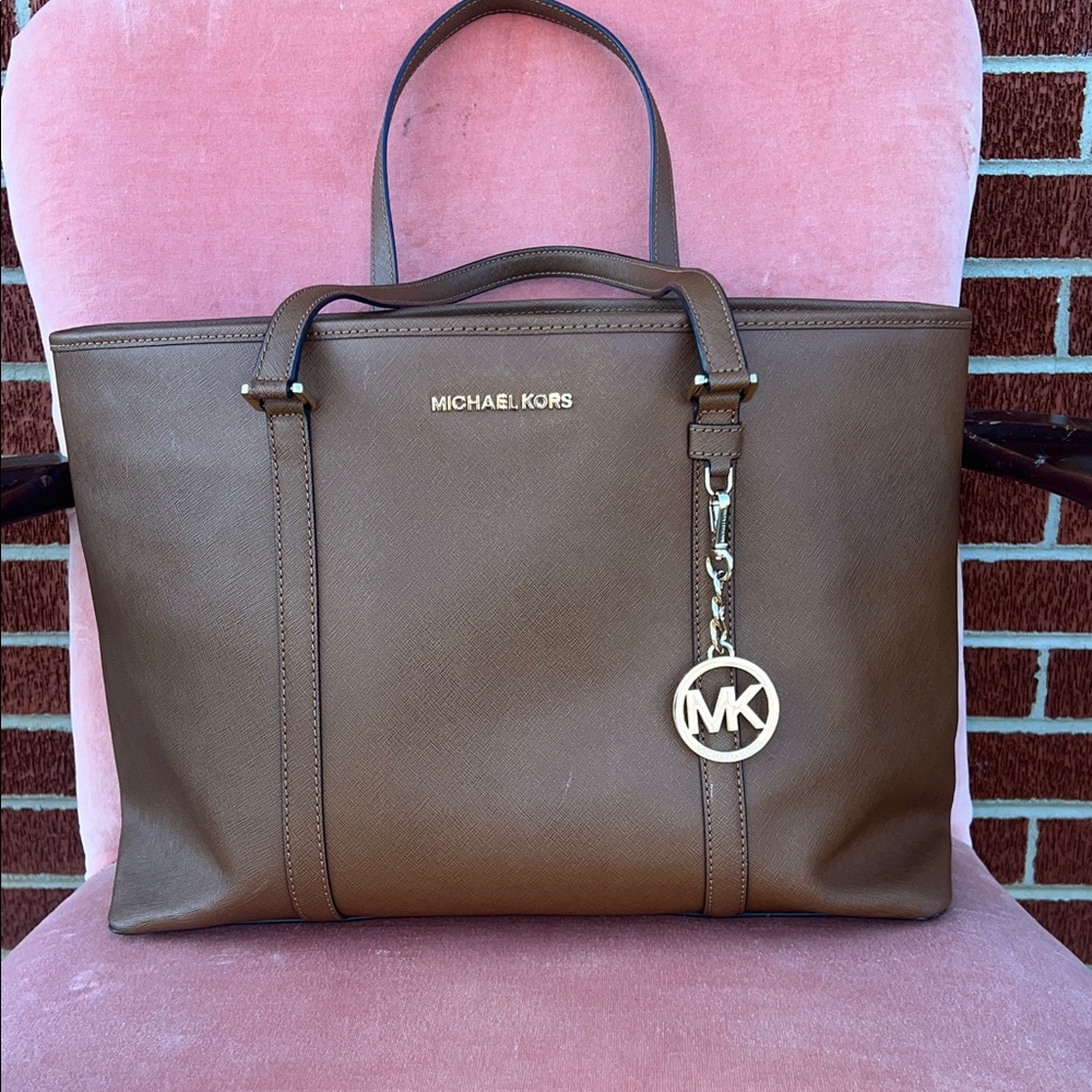 Michael Kors Brown Large Saffiano Leather Purse  Tote With Bag Charm